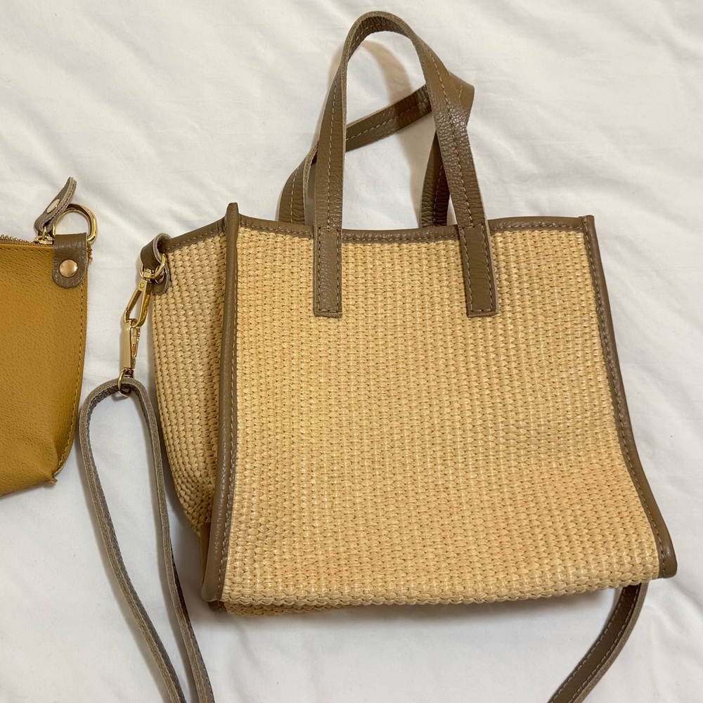 Italian Woven Straw Mini Tote + Crossbody Pouch Set - Genuine Leather